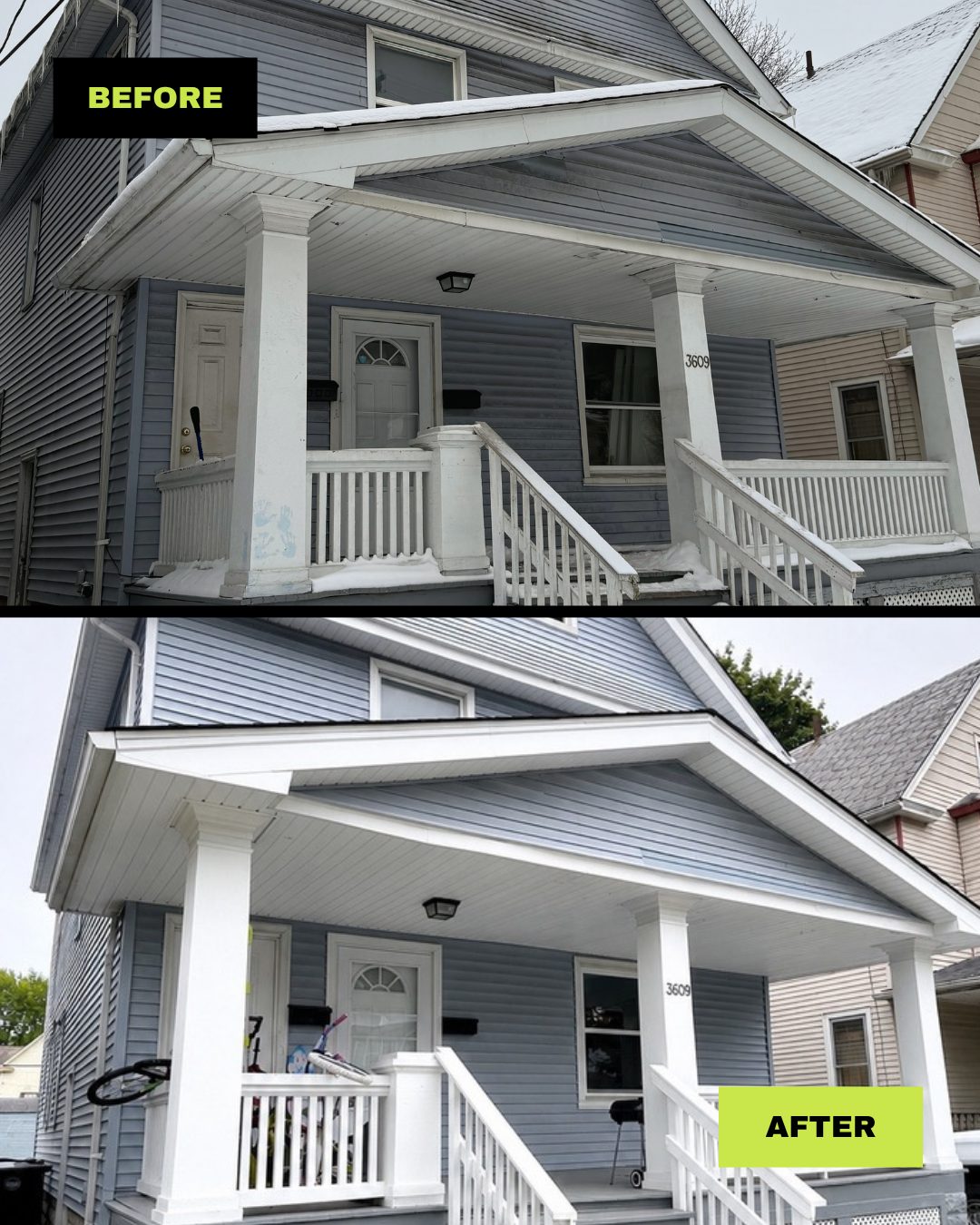 Porch rebuild, before and after