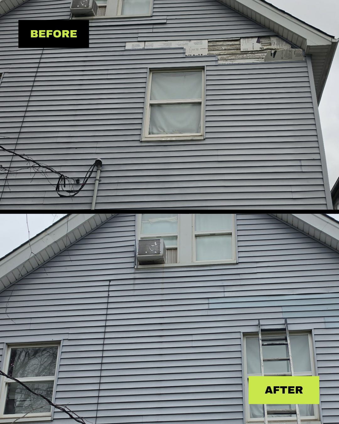 Siding repair, before and after